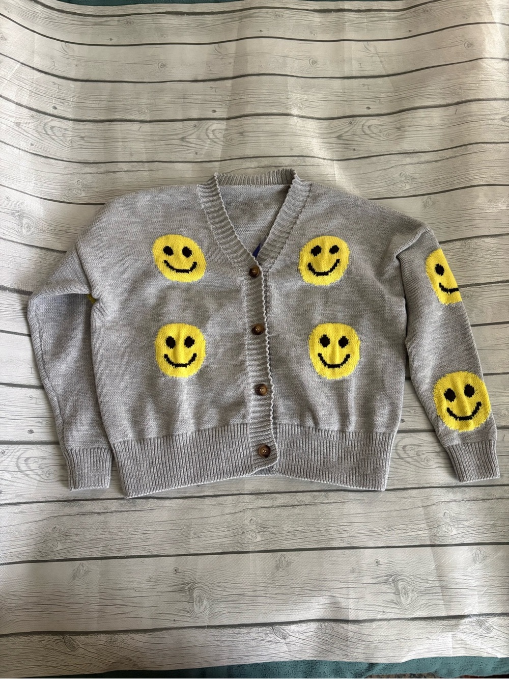 Gray V-Neck Smiley Cardigan Sweater - Women's